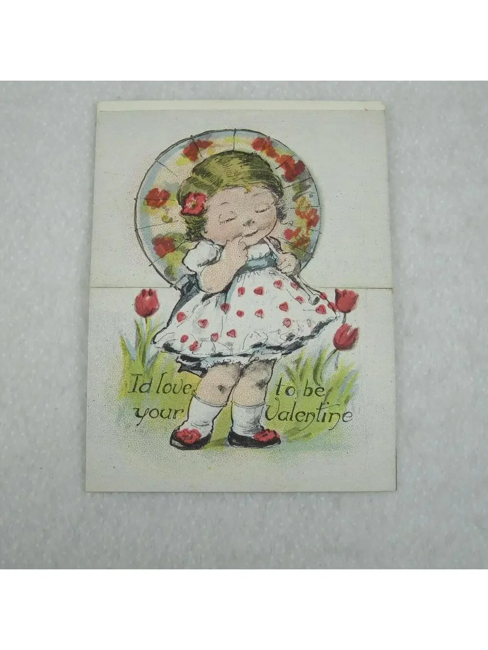Vintage Valentine Cutout Card Stand Up Blonde Girl Parasol Red 1920-30s UNSIGNED
